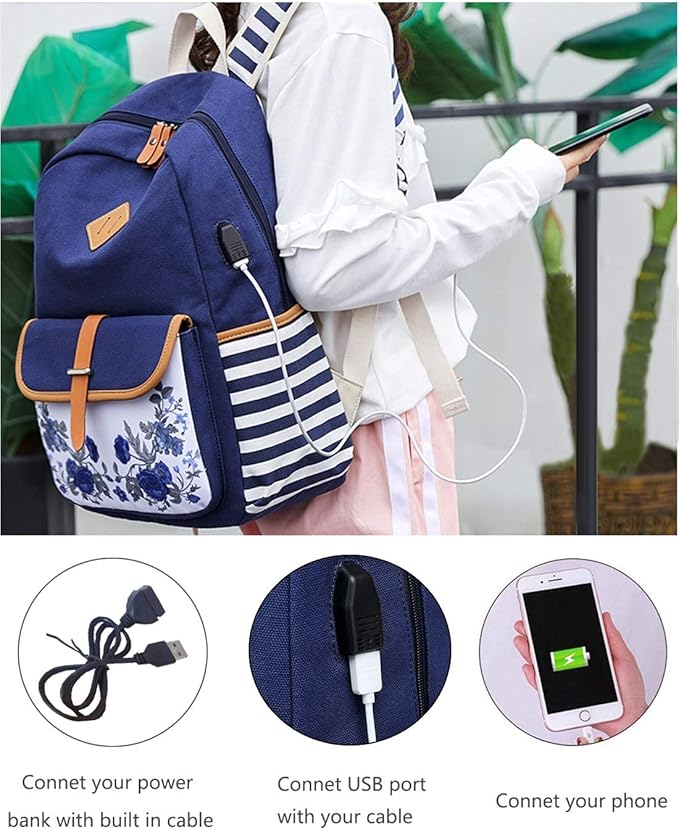 Goldwheat Canvas Backpacks for Girls with USB Charging Port School Bookbag