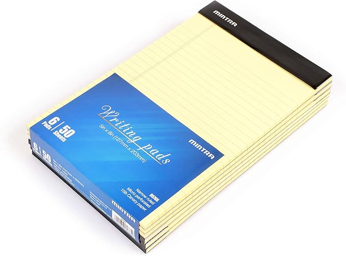 Mintra Office Legal Pads, ((xPremium, 5in x 8in, Narrow (Canary), 36pk (6-6pks)), Narrow Ruled, 50 Sheets per Notepad, Micro perforated Writing Pad, Notebook Paper for School, College, Office, Work