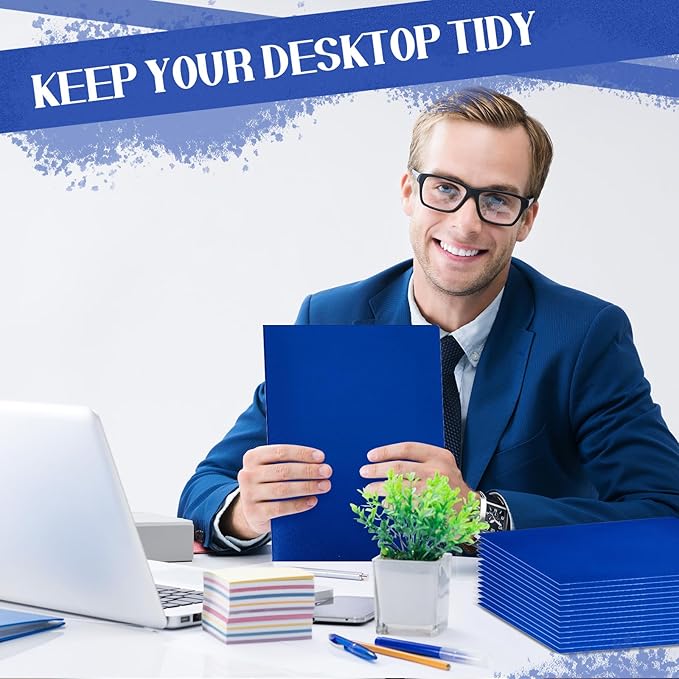 Patelai 50 Pack Pocket Folders Bulk 2 Pocket Heavy Duty Plastic Folders with Pockets Letter Size Folders Business Card Holder for School Office File (Blue)