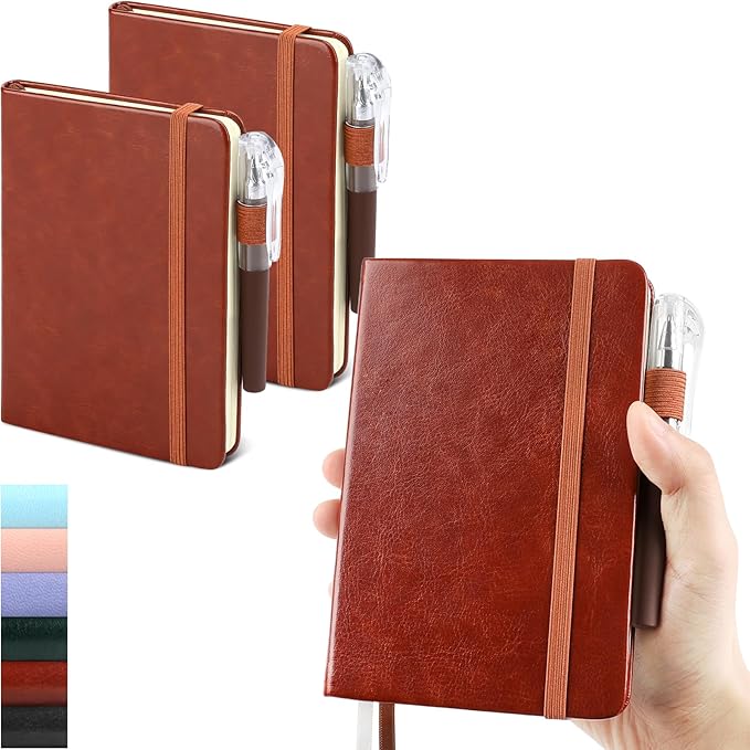 Small Notebook College Ruled, 3 Pack (Brown) 3.7x5.7 in Pocket Notebook Journaling Notebooks Mini Hardcover Lined Note Pads with Pens for Work Business Travel and Office Supplies