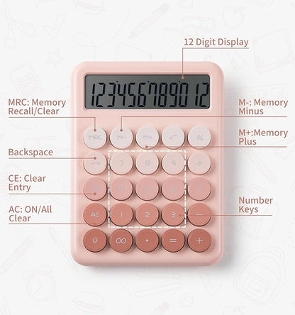 Calculator, Desk Calculators, Cute Pink Calculator, 12 Digit with Large LCD Display, Basic Standard Calculator, Big Button, Aesthetic Calculator, Mechanical Calculator for Office School