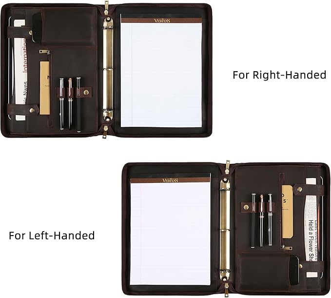 Portfolio Binder 3 Ring, Leather Binder Portfolio Folder for Left-Handed, Zippered Portfolio Padfolio Binder for Women, Leather Portfolio Organizer for Men (Dark Brown, Non-Custom)