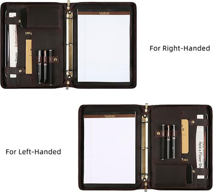 Portfolio Binder 3 Ring, Leather Binder Portfolio Folder for Left-Handed, Zippered Portfolio Padfolio Binder for Women, Leather Portfolio Organizer for Men (Dark Brown, Non-Custom)