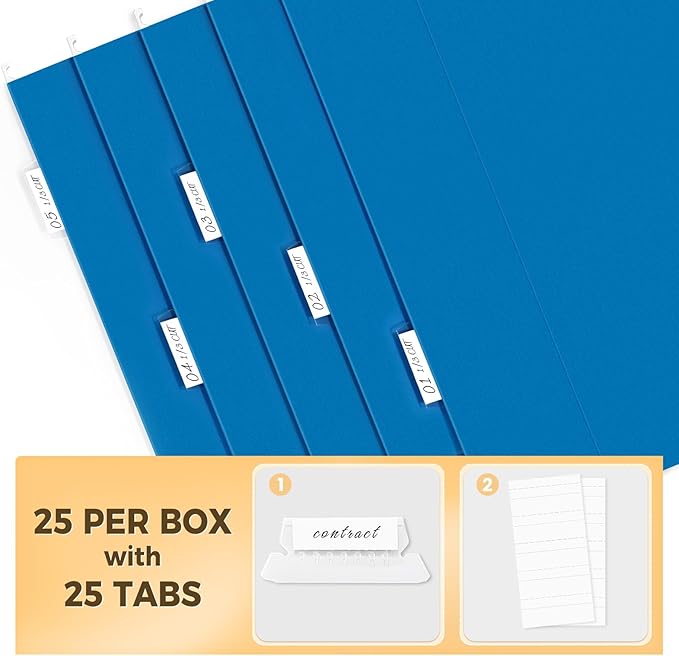 SUNEE Hanging File Folders Legal Size, Blue File Folders 25 Pack 1/5-Cut Tabs, Stay Organized for Your Home and Office Bulk File and Documents