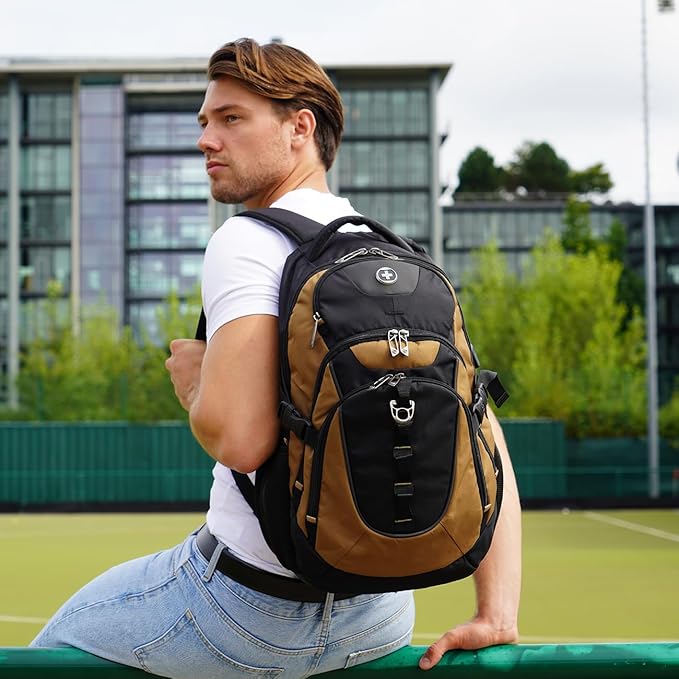 Swissdigital Design Large Business Laptop Backpack with Smart USB Charging Port, Travel Backpack Fits 15.6 inches laptops, Water Repellent College Backpack for Men Women (VECTOR SD803-34 Tan/Black)