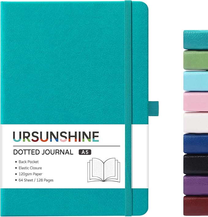 Dotted Journal/Notebook - Dot Grid Hard Cover Notebook, Premium Thick Paper with Fine Inner Pocket, Black Smooth Faux Leather, Pen Loop, 5.3'' x 8.26'' - Cyan