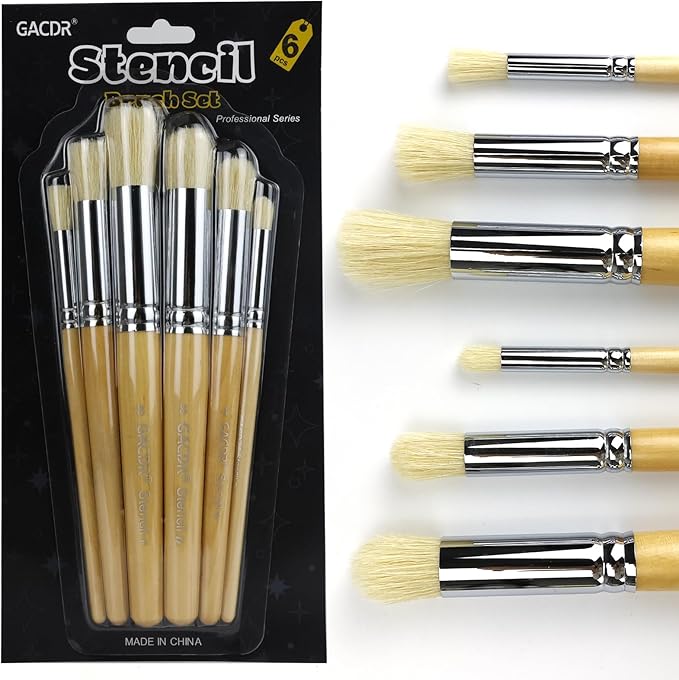 Wooden Stencil Brush Set, 6 Pieces Natural Hog Bristle Dome Stencil Brushes for Painting On Wood Wall, Stencil Projects, Card Making, DIY, Crafts and Acrylic Oil Watercolor Painting…
