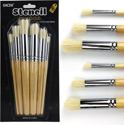 Wooden Stencil Brush Set, 6 Pieces Natural Hog Bristle Dome Stencil Brushes for Painting On Wood Wall, Stencil Projects, Card Making, DIY, Crafts and Acrylic Oil Watercolor Painting…