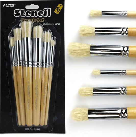 Wooden Stencil Brush Set, 6 Pieces Natural Hog Bristle Dome Stencil Brushes for Painting On Wood Wall, Stencil Projects, Card Making, DIY, Crafts and Acrylic Oil Watercolor Painting…