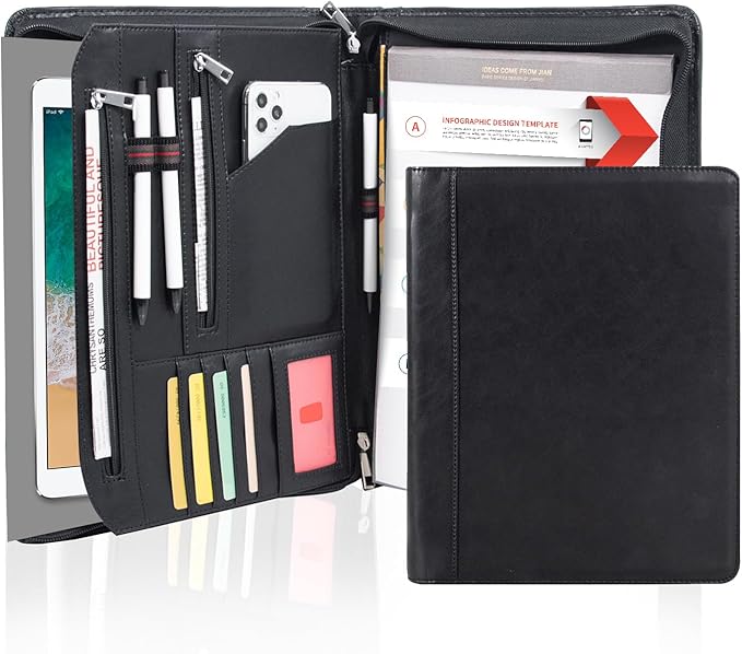 AZXCG Resume Portfolio,Zippered Padfolio Document Holder Business Folder Organizer, Faux Leather Matte Finish -Black (Customize)