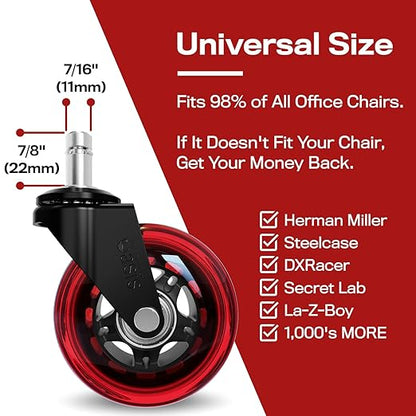 The Original Roller Blade Office Chair Wheels (As Seen On PBS) - Incredibly Smooth & Quiet Rolling Casters - Safe for Hardwood Floors & Carpet - Easy Installation with Universal Fit - Set of 5 - Red