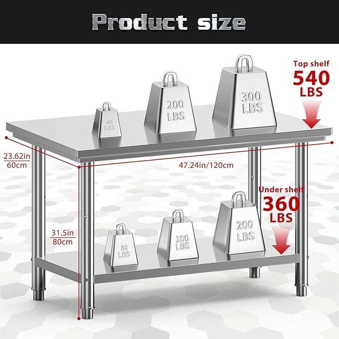 Stainless Steel Table for Work, 24 x 48 Inches Stainless Steel Prep Table with Backsplash,Adjustable Undershelf Stainless Steel Table for Commercial Kitchen, Outdoor, Restaurant, Hotel & Garage