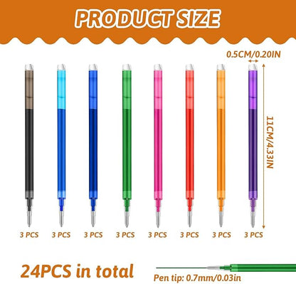 0.7 mm Erasable Gel Ink Pen Refills Compatible with Frixion Friction, 8 Colors Multicolor Retractable Fine Point Pen Refill (Blue,Black,Red,Green,Orange,Lake Blue,Purple,Rose Red) (8Color, 24)