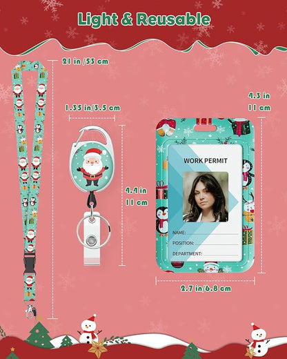 Uniclife 2 Pack Christmas Sliding Badge Holder Hard ID Card Holder with Cartoon Santa Claus & Snowman Patterns Vertical Card Protector with Retractable Badge Reel Carabiner & Detachable Lanyard Strap