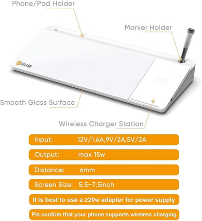 SELEAD Desktop Glass Whiteboard with Wireless Charger Station, Dry Erase Board Computer Pad Keyboard Stand with Organizer Drawer for Home, School, Office Desk Accessories, White