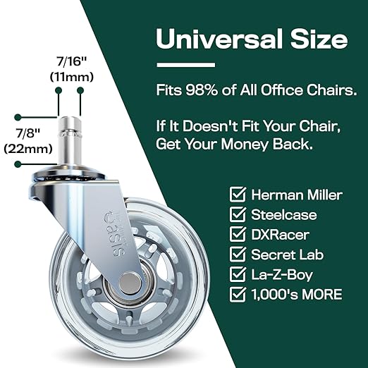 The Original Roller Style Office Chair Wheels (As Seen On PBS) - Incredibly Smooth & Quiet Rolling Casters - Safe for Hardwood Floors & Carpet - Easy Install with Universal Fit - Set of 5 - Silver