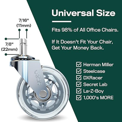 The Original Roller Style Office Chair Wheels (As Seen On PBS) - Incredibly Smooth & Quiet Rolling Casters - Safe for Hardwood Floors & Carpet - Easy Install with Universal Fit - Set of 5 - Silver