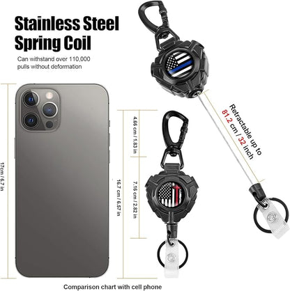 bolimoss Retractable Keychain Heavy Duty 2 Pack Name Badge Holder Reel with Belt Clip, 360° Swivel Carabiner Key Chains, Tactical ID Badge Reels with 31.5” Wire Rope & Key Ring, (American Flag
