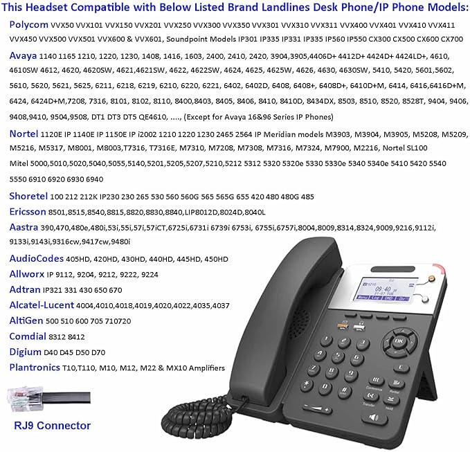 Office Telephone Headset with Noise Cancelling Mic RJ9 U10P Bottom Cable Compatible with Landline Desk Phones Polycom VVX, Avaya Digital, Fanvil, AudioCodes and Many More