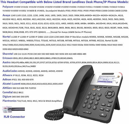 Office Telephone Headset with Noise Cancelling Mic RJ9 U10P Bottom Cable Compatible with Landline Desk Phones Polycom VVX, Avaya Digital, Fanvil, AudioCodes and Many More