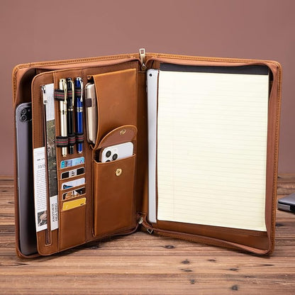 Handmade Crazy-Horse Leather Padfolio Portfolio, Easy to Carry with A Zippered Closure, Business Organizer Tablet Folio Folder with Letter Size Notepad, Gift for Women & Men (Brown, Custom)