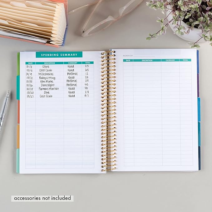 A5 Spiral - Bound Budget Planner. Savings Tracker, 72 Month-At-A-Glance Pages and 4 Pages of Debt Trackers. 13 Tabs. 160 Pages of Thick 80 Lb. Paper. Sticker Sheet Included by Erin Condren.