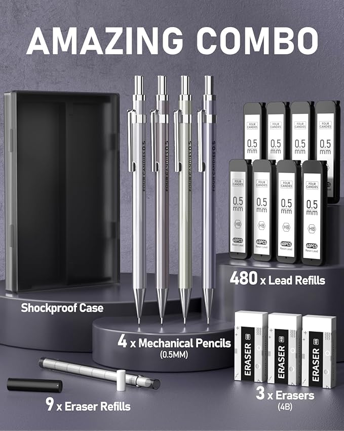 Four Candies 0.5mm Mechanical Pencil Set with Case - 4PCS Metal Mechanical Pencils, 8 Tubes HB #2 Lead Refills, 3PCS 4B Erasers and 9PCS Eraser Refills, Lead Mechanical Pencils for Writing & Drawing