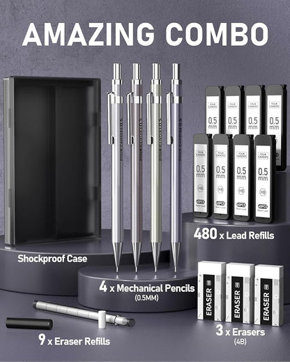 Four Candies 0.5mm Mechanical Pencil Set with Case - 4PCS Metal Mechanical Pencils, 8 Tubes HB #2 Lead Refills, 3PCS 4B Erasers and 9PCS Eraser Refills, Lead Mechanical Pencils for Writing & Drawing