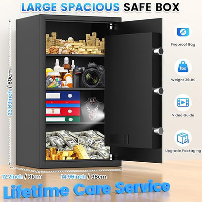 3.8 Cu ft Extra Large Safe Box Fireproof Waterproof, Security Home Safe with Fireproof Bag, LCD Digital Keypad Key Lock and Removable Shelf, Fire Document Safe for Money Medicines Jewelry Valuables