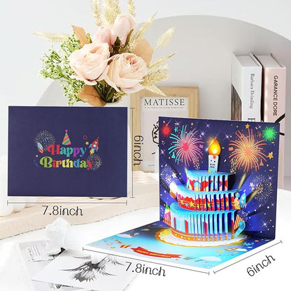 Rocket Birthday Cards for Kids, 3D Pop Up Birthday Card with Music and Light and Interactive Blowable Candle, Gift Card for Kids Children Boys Girls Son Daughter