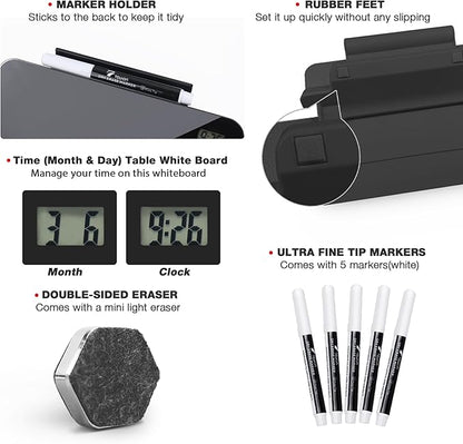 TOWON Small White Board for Desk with Clock, Small Desktop Whiteboard Glass with Pen Holder, Time Reminder Dry Erase Board, Whiteboard for Desk, Digital LCD Display, for Home Office, Black, 8 x 6 in