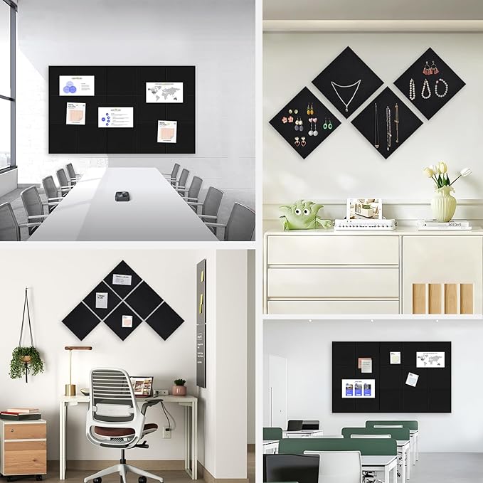 Large Cork Board for Office Wall Decor,48"x36"-12 Pack Felt Wall Tiles with 35 Push Pins, Thicker 0.47in, Felt Bulletin Board Pin Board Cork Boards for Walls - Black