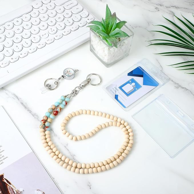 Teacher Lanyard with ID Holder Cute Wooden Beaded Lanyards for ID Badge Holders Retractable Badge Reel Keys Eyeglass Chains for Women