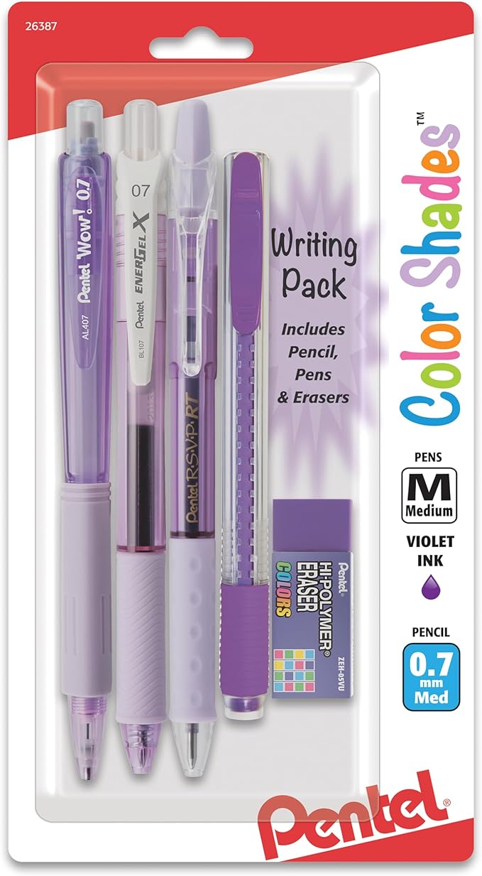 Pentel Color Shades Writing Pack - Includes; Pencil, Pens, and Erasers- Pastel Violet (BLBKALZBPV)
