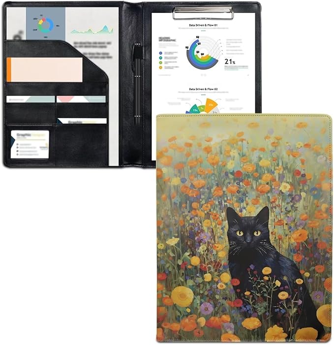 Black Cat Flower Portfolio Folder Leather Padfolio with A4 Size Clipboard Clip for Business Resume Interview Document Sleeve Binder Folder for Men/Women