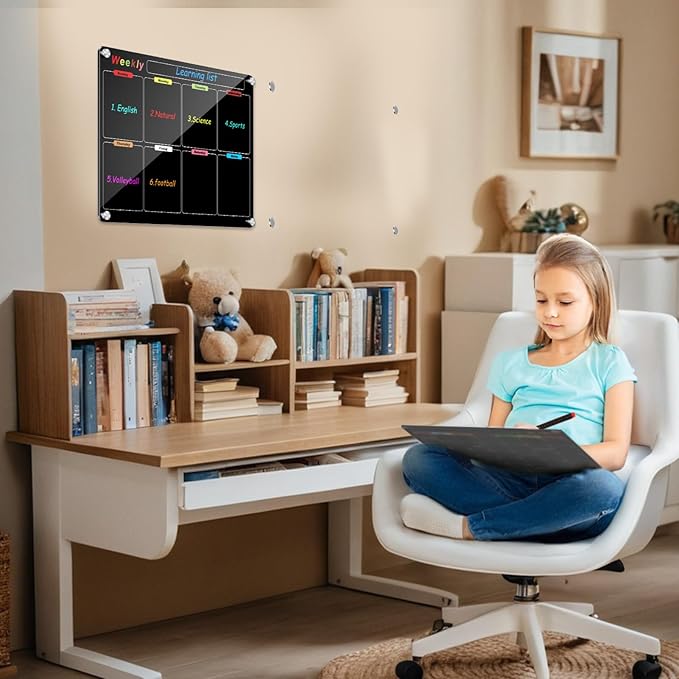 Fridge Calendar Meal Planning Board, Dry Erase Acrylic Magnetic Monthly Weekly Calendar Planner for Refrigerator with 6 Colors Markers (Black-Weekly+Monthly(15.7x11.8))