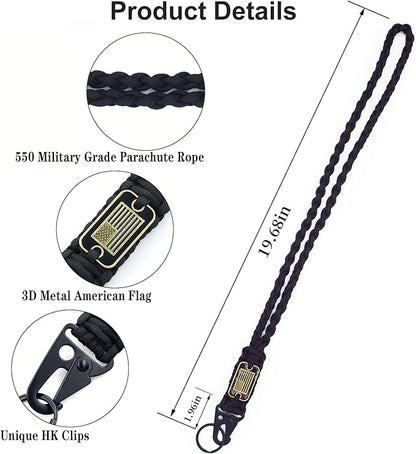 2 Pcs Heavy Duty Braided Paracord Lanyard Keychain with USA Flag, Parachute Rope Necklace Keychains, Braided Strong Lanyard with Metal HK Clip Key Ring for Outdoor Activities, Camera, Traveling