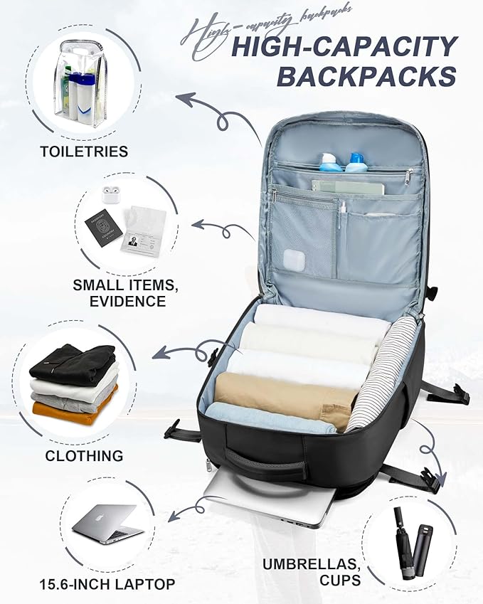 Large Black Travel Backpack for Women Men, Carry On Backpack with USB Charging Port & Shoe Pouch, TSA 15.6inch, Flight Approved, College Nurse Bag Casual Laptop Daypack for Weekender Business Hiking