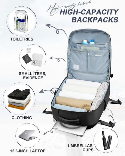 Large Black Travel Backpack for Women Men, Carry On Backpack with USB Charging Port & Shoe Pouch, TSA 15.6inch, Flight Approved, College Nurse Bag Casual Laptop Daypack for Weekender Business Hiking