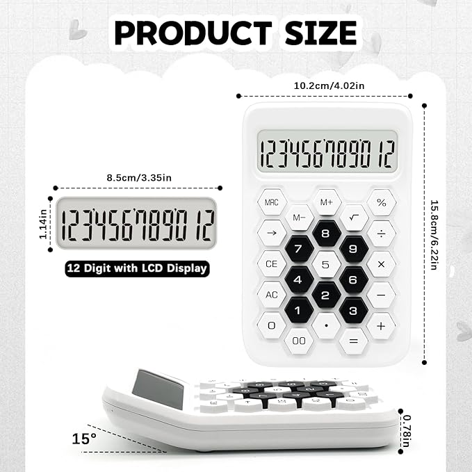 White Calculator, Standard Calculator,12 Digit Large LCD Display,Basic Office Calculator with Hexagonal Button,White Office Supplies and Desk Accessories,Gifts for Coworkers