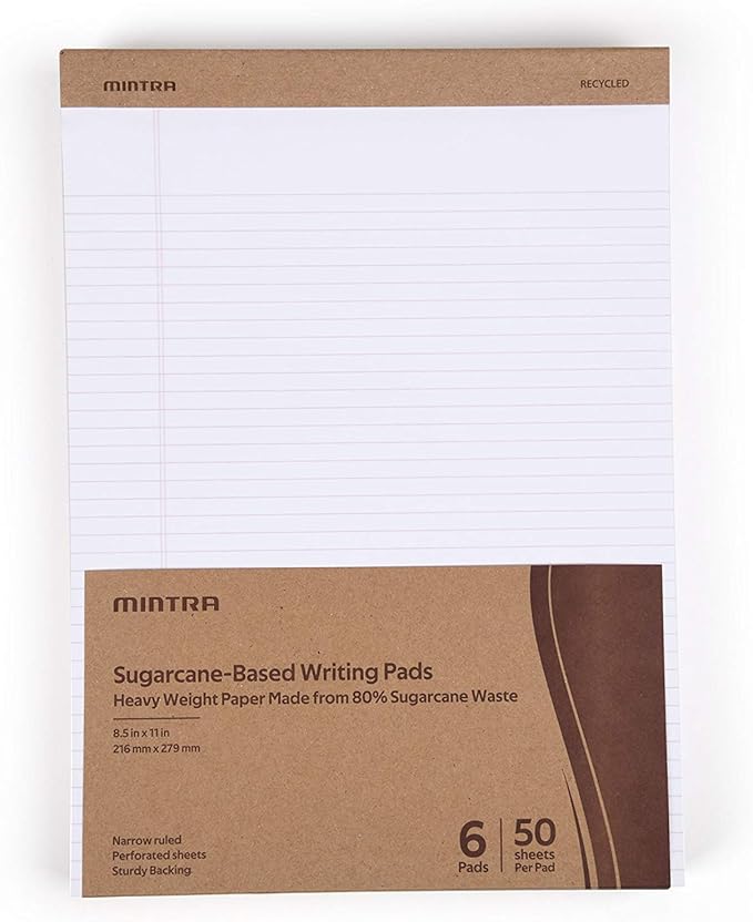 Mintra Office Recycled Writing Pads 6pk (White, Narrow Ruled (8.5in x 11in)) - 50 Sheets per Notepad, Micro perforated, Legal Pad, Notebook Paper for School, College, Office, Business