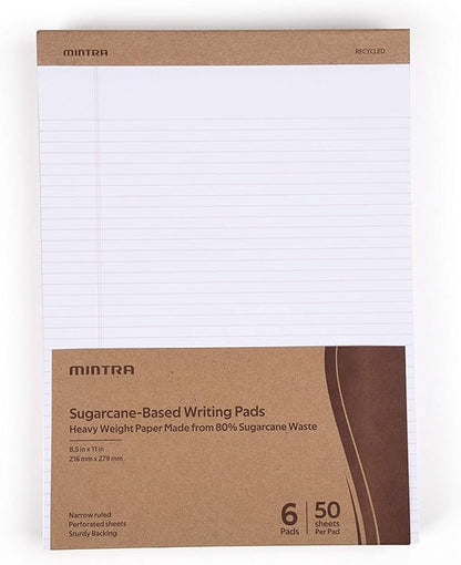 Mintra Office Recycled Writing Pads 6pk (White, Narrow Ruled (8.5in x 11in)) - 50 Sheets per Notepad, Micro perforated, Legal Pad, Notebook Paper for School, College, Office, Business