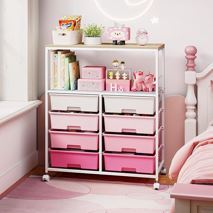 8 Drawers Rolling Storage Cart with Wooden Top, Multipurpose Utility Cart with Opening Shelf & Lockable Wheels, Storage Drawer Cart Organizer for Home Office Craft Room Classroom, Pink