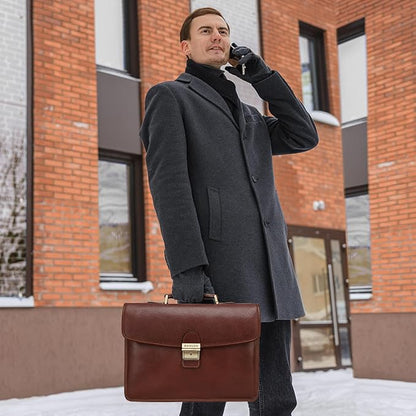 Banuce Slim Vintage Full Grain Italian Leather Briefcase for Men with Lock 14 Inch Laptop Bag Business Work Bags Attache Case Brown