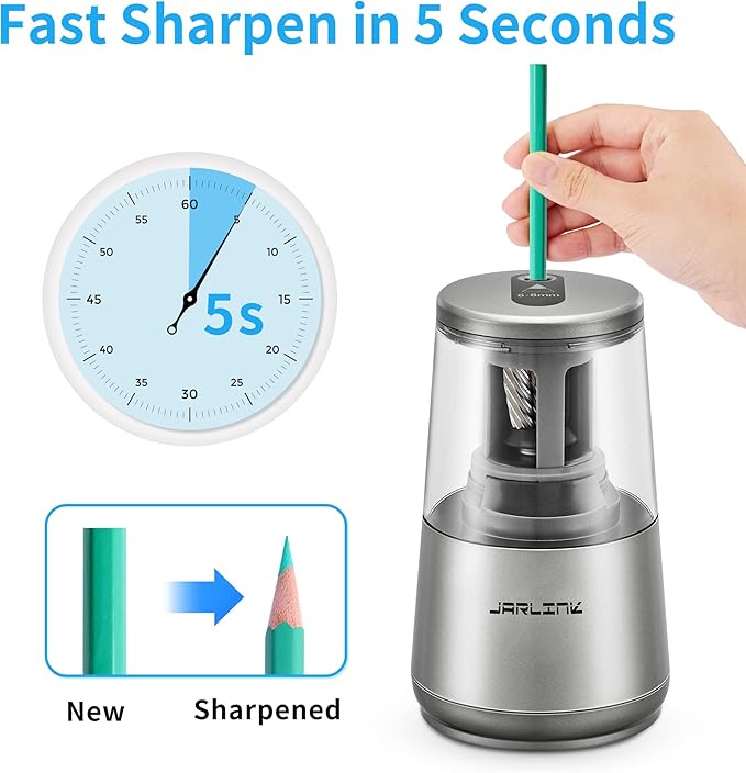JARLINK Electric Pencil Sharpener, Heavy-Duty Helical Blade to Fast Sharpen, Auto Stop for No.2/Colored Pencils(6-8mm), USB/Battery Operated in School Classroom/Office/Home (Gray)