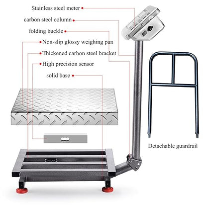 660LBS Industrial Platform Scale Weight Computing Digital Scale Floor Platform Scale with Removable Guardrail Perfect for Postal Luggage Shipping Mailing Weighing LB/KG