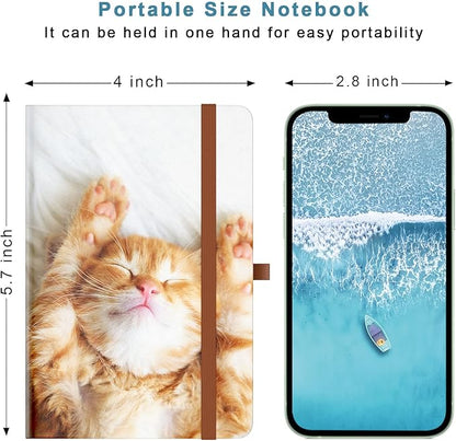 Small Notebook, Mini Pocket Journal A6 5.7" x 3.9", Leather Hardcover Journal with Pen Holder, 160 Thick Papers, Cute Lined Notebook Small Notepad for Women Writing Work Travel, Cute Kitten