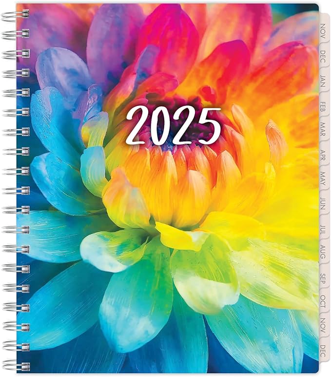 Essential PRO 2025 Daily, Weekly & Monthly Planner, 7"x9": 14 Months (Nov 2024 - Dec 2025) Monthly Tabs,Daily Tracking,Notes Pages,Storage Pocket,Bookmark w Sticky Notes (Rainbow Petals)