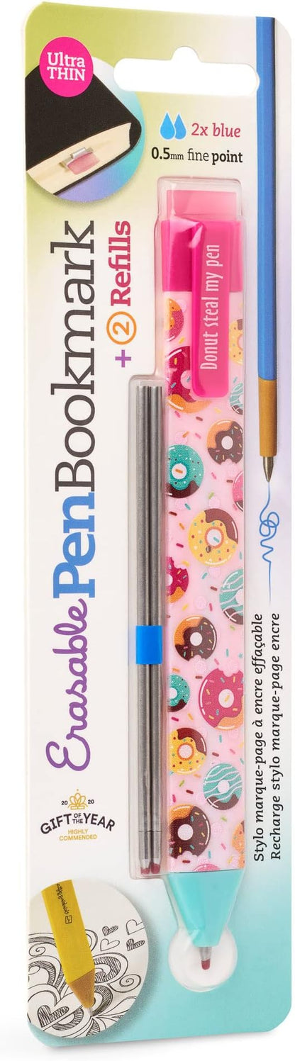 New Pen Bookmark with Refills | Erasable Ballpoint Gel Pen and Bookmark 3-in-1 | Ink Novelty Pen with Eraser | Page Marker | Book Marker | Page Holder Clip | Gift for Reader and Writer (Doughnut)