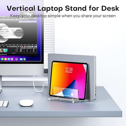 OMOTON Vertical Laptop Stand for Desk, Acrylic Dual Laptop Holder Desktop Clear Adjustable Dock for MacBook Pro Air, HP, All Gaming Laptops up to 17”